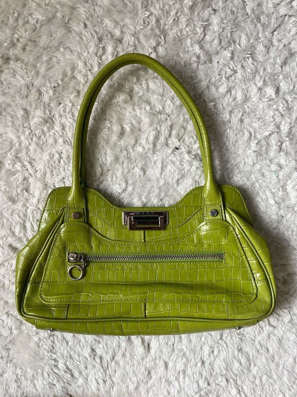 Maxx New York Lime Green Croc Embossed Leather Shoulder Bag